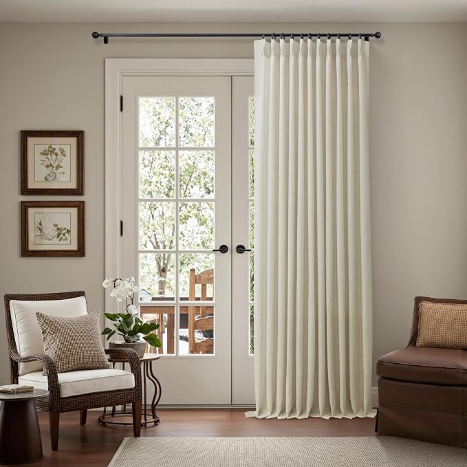 Extra Wide Beige Linen Curtain 96 Inches Long 2 Panels 70 Inch Wide for Living Dining Room Boho Neutral Rustic Pinch Pleated Drapes for Patio Sliding Glass Door Hooks Rings Sheer Privacy Curtain 70x96