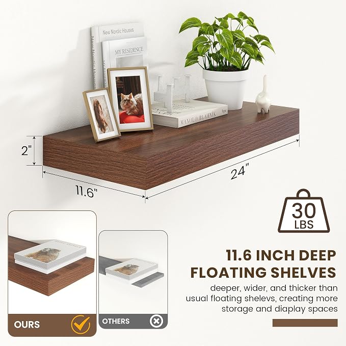 FLYJOE 12 Inch Deep Floating Shelves | 24 Inch Walnut Floating Shelves | 24" W x 12" D Rustic Wood Shelves for Wall | Deep Shelves for Living Room Bathroom Laundry Room Kitchen