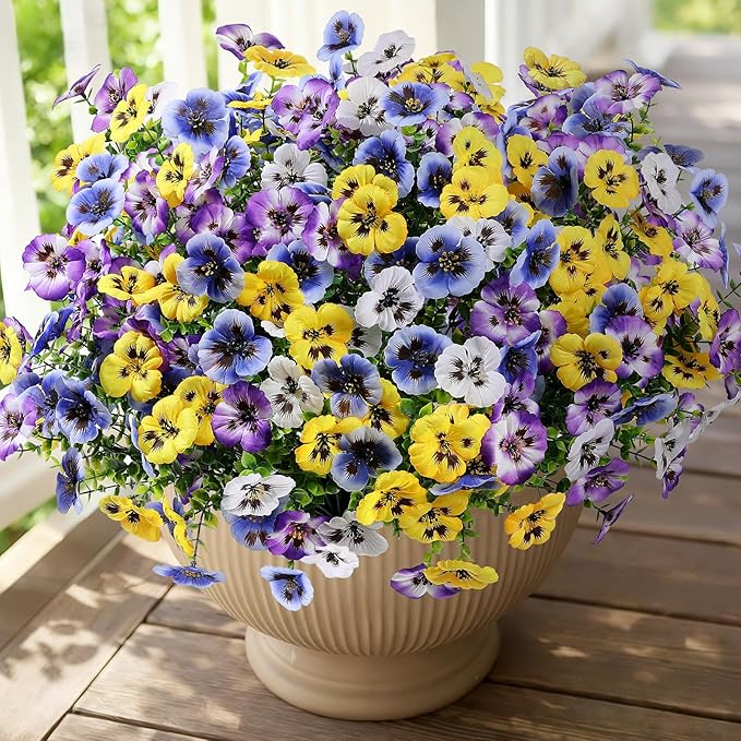Alupssuc 24 Bundles Artificial Flowers for Outdoors, Fake Spring Flowers for Decoration, UV Resistant Realistic Pansies with Eucalyptus Silk Faux Flowers for Porch Patio Yard, 4 Mix Colors