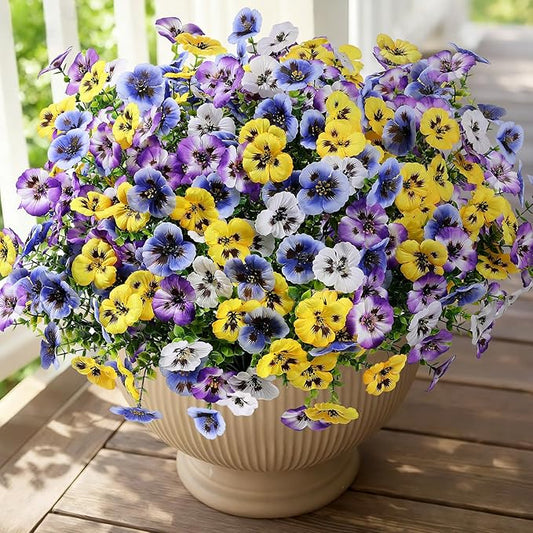 Alupssuc 24 Bundles Artificial Flowers for Outdoors, Fake Spring Flowers for Decoration, UV Resistant Realistic Pansies with Eucalyptus Silk Faux Flowers for Porch Patio Yard, 4 Mix Colors