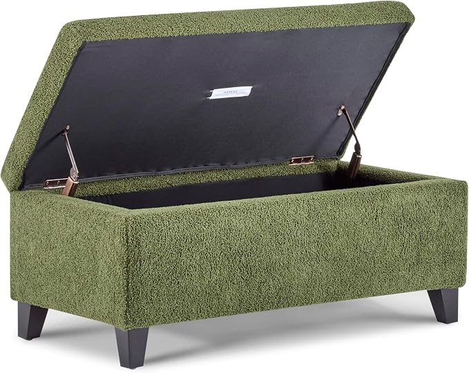 Christopher Knight Home Vayne Boucle Storage Ottoman, Rectangular Ottoman Bench, Birch Wood Legs, Upholstered Ottoman with Storage, Foot Rest Bench for Living Room, Entryway and Bedroom, Green