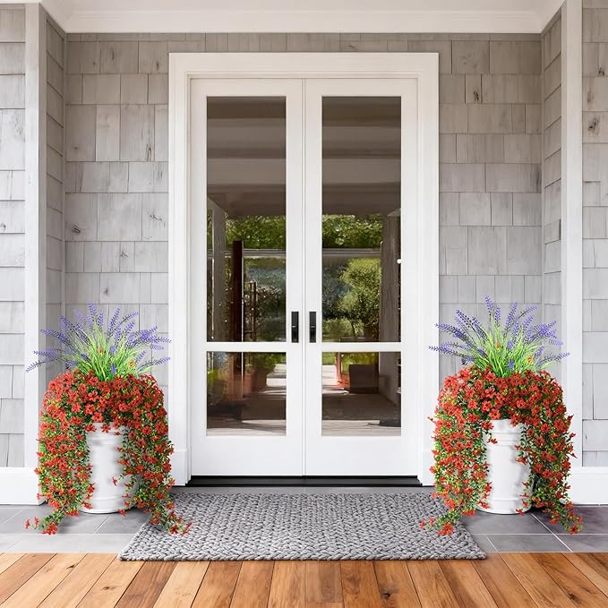 Artificial Fake Flowers Plants for Outdoor Decoration,3 Pcs Faux Hanging Flowers with Lavender Spring Summer Decor,UV Resistant Realistic Fake Silk Flowers for Planter Balcony Yard Porch Garden Decor