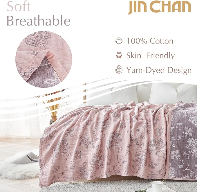 jinchan Boho 100% Cotton Muslin Twin Size 50x60 Inches Blanket Lightweight 4-Layer Quilted Soft Pink Red Floral Throw Blanket Reversible Comfy Flower Breathable All Seasons Couch Bedroom Decor