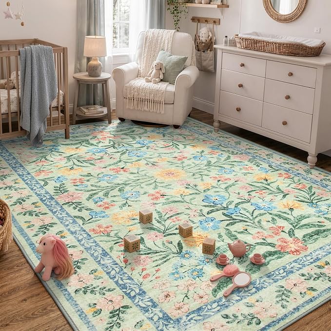 Wonnitar Machine Washable 5x7 Area Rug, Boho Floral Rugs for Living Room Non-Slip, Soft Pink and Green Flower Ultra-Thin Non Shedding Carpet for Bedroom Dining Room Nursery