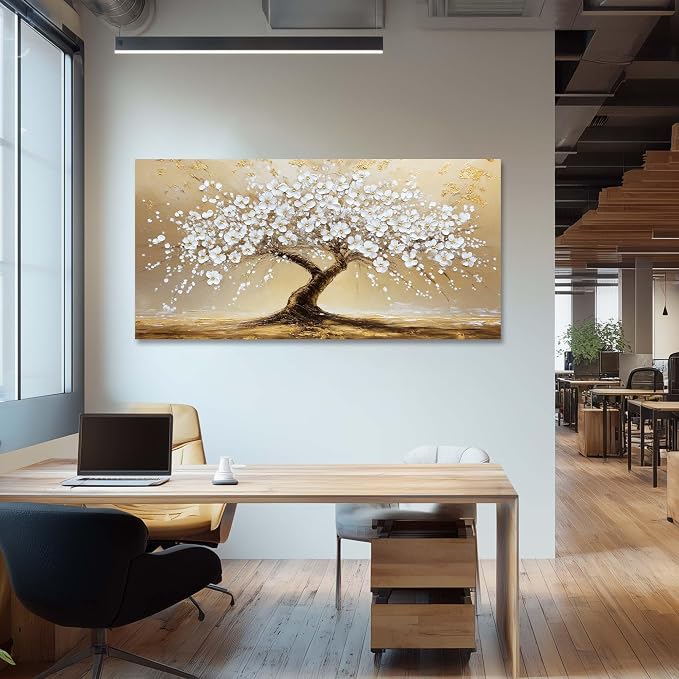 Ggaafet White FLower Tree Wall Art for Bedroom Canvas Oil Painting Prints Beautiful Gold Floral Blooming Art Deco Modern Artwork Office Family Dining Room Decor