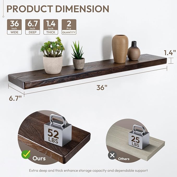 Marsmiles 36 inch Floating Shelves for Wall Solid Elm Wood Shelves|Rustic Wall Mounted Shelves with Heavy-Duty Invisible Bracket for Bathroom Living Room Kitchen|Rounded Edge Design|Walnut, 2 Pack