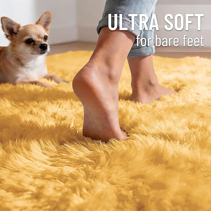 OLANLY 9x12 Machine Washable Large Area Rugs for Living Room, Bedroom, Soft Fluffy Shaggy Bedside Rug, Indoor Floor Carpet for Kids Girls and Boys, Dorms, Nursery, Home Decor Aesthetic, Mustard Yellow