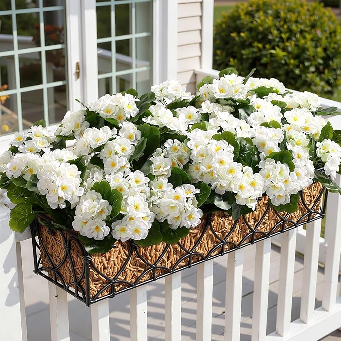 Alupssuc 16Pcs Artificial Geranium Flowers for Outdoors Decoration Silk Floral, UV Resistant Fake Plants, Faux Flower for Porch Garden Table Centerpieces Home Indoor Outside Spring Decor(8, White)