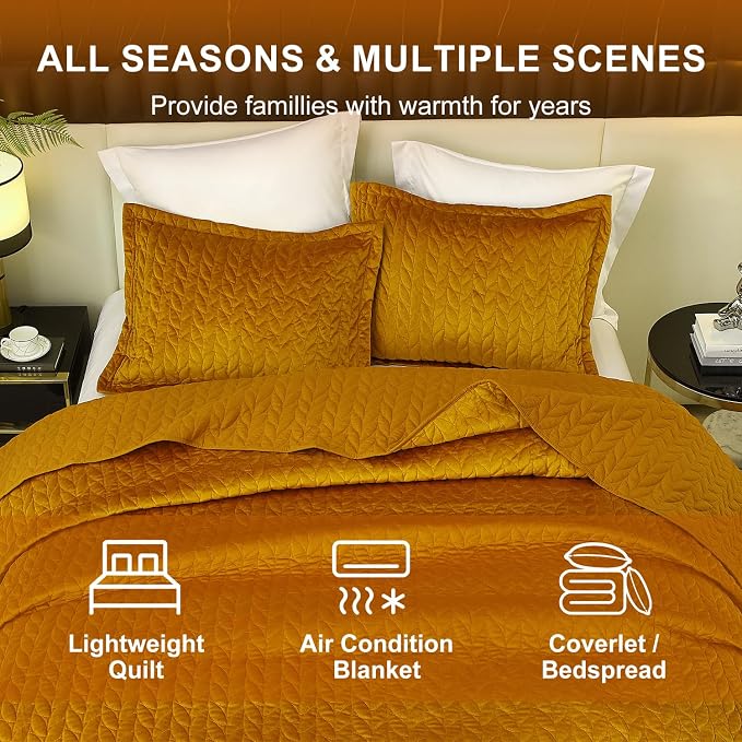 Ivellow Velvet Quilt Queen Size Ultra Soft Lightweight Velvet Comforter Set Oversized Bedspread Coverlet Full for All Season 3Pcs Luxury Quilted Bedding