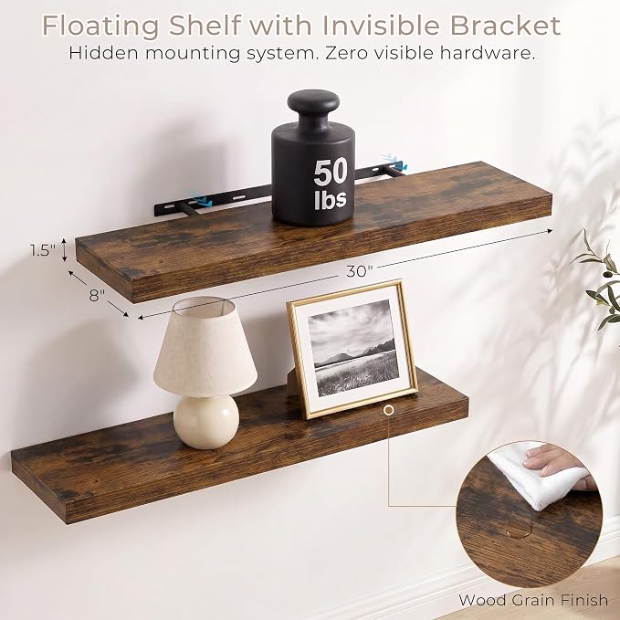Vivelove Wall Floating Shelves for Display with Invisible Brackets, 30 Inch Floating Shelves for Kitchen Bedroom Bathroom Living Room Kitchen Office, 30”X 8" X 1.4", Set of 2 - Rustic Brown