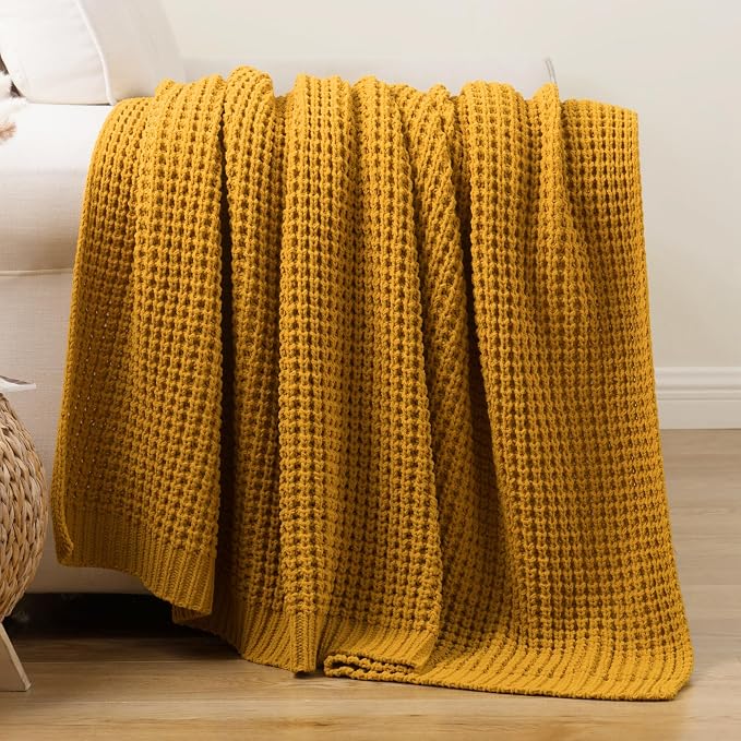 Bunnikins & Clover Knitted Waffle Throw Blanket 60x80 Inches, Mustard Yellow Throw Blanket for Couch, Soft Cozy Chenille Knit Blanket Warm Decorative Throw for Sofa