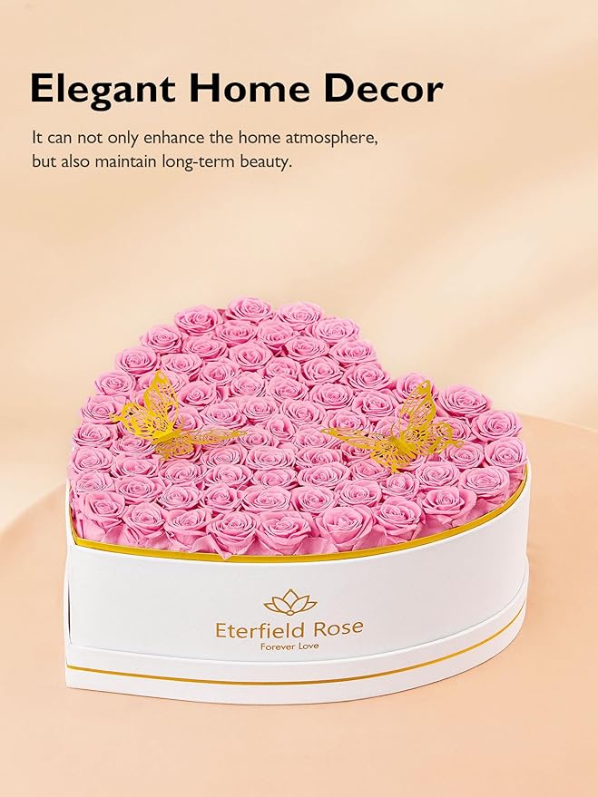 Eterfield 77 Forever Flowers in Heart Shape Box, Preserved Roses That Last a Year Preserved Flowers Birthday Gifts for Her Mom Women Wife Anniversary Valentines Day Mothers Day Christmas, Pink