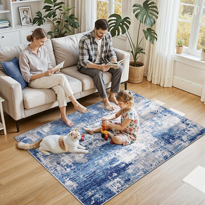 RELEANY Washable Area Rugs 4'x6' Non-Slip Modern Abstract Soft for Living Room Entryway Bedroom Nursery, Print Pattern, Blue Grey Navy Gray