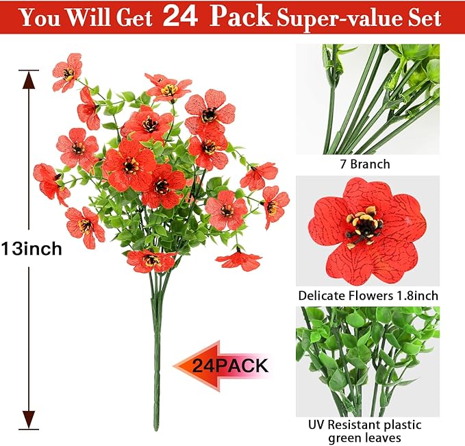 MERIXMAS 24 Bundles Artificial Flowers for Outdoors Decorations, Fake Flowers Artificial Plants Outdoor, Colorful Daisy Eucalyptus Realistic UV Resistant for Garden Patio Porch Home Decor, Red
