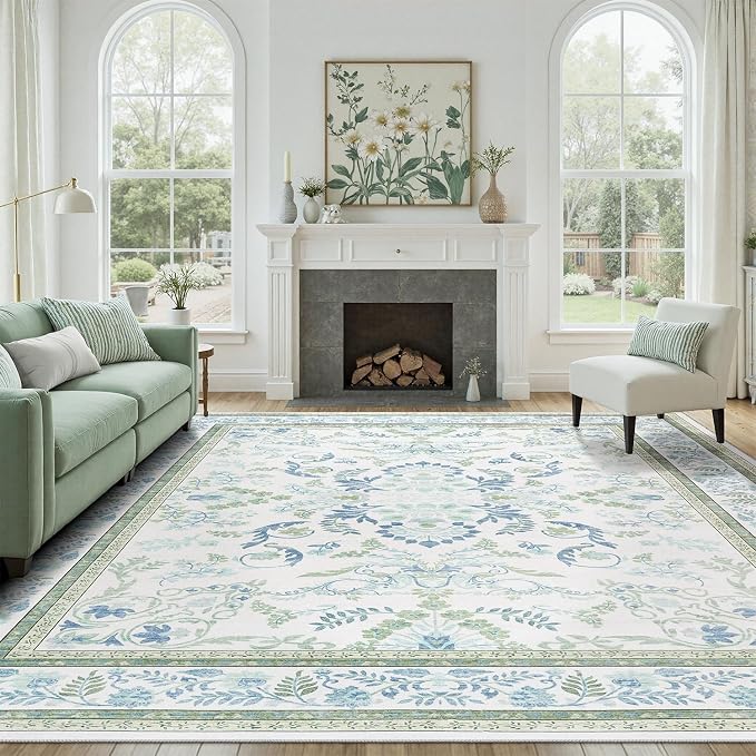 DCX Green 8x10 Rug, Kid & Pet Friendly with Rubber Back Non Slip, Machine Washable Stain Resistant Botanical Floral Rug for Living Room, Bedroom, Soft Low Pile Large Nursery Carpet