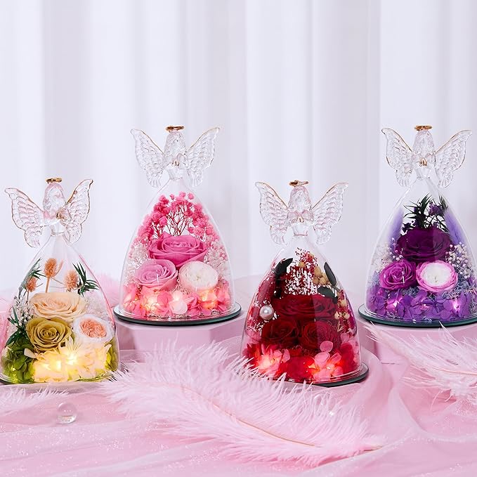Mothers Day Rose Gifts for Women Preserved Real Flower in Glass Angel Figurines Roses for Delivery Prime Birthday Gifts for Mom Grandma Girlfriend Wife Her, ChampagneGold Austin