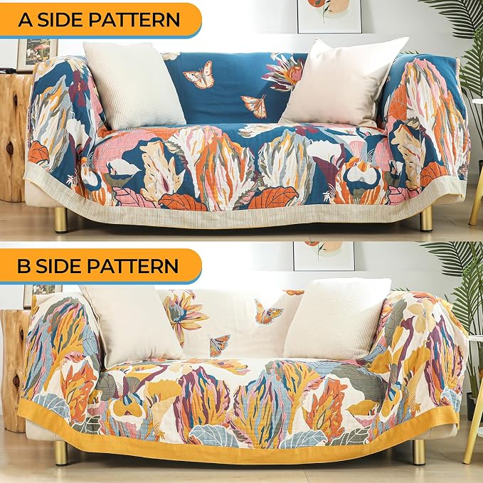Boho Large Throw Blanket for Bed Couch 60" x 80 "100% Cotton 4-Layer Gauze Summer Blanket Home Decor Soft Lightweight for Sofa Quilt with Floral Butterfly