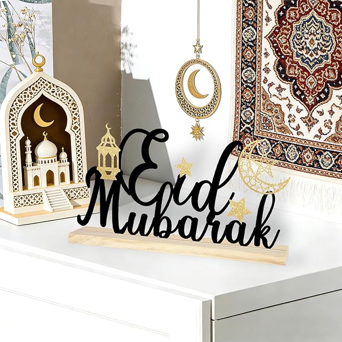 COCHIE Metal Eid Mubarak Sign, Ramadan Decorations for Home, Shelf, Mantel, Indoor, Moon Star Eid Decor, Eid Mubarak Ramadan Table Top Party Decoration (Eid)