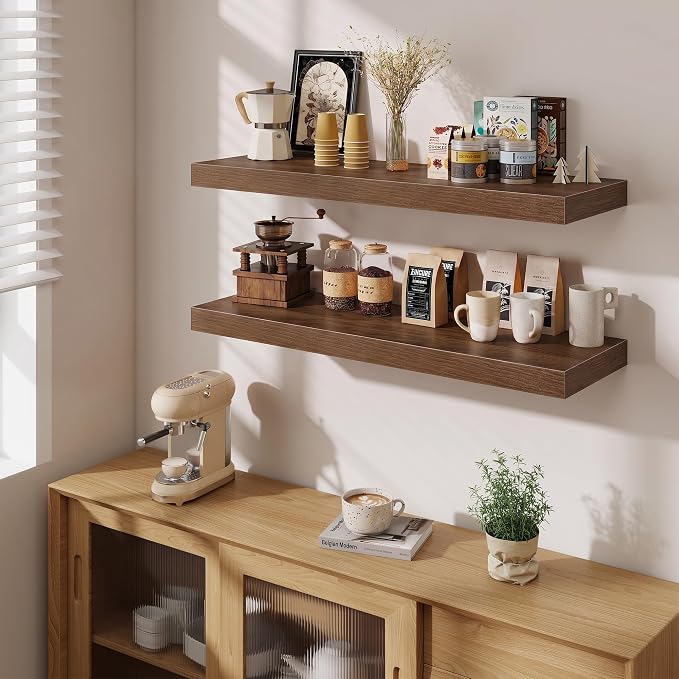 Fun Memories Floating Shelves for Wall, 40 Inch Floating Shelf for Home Decor, Wall Mounted Rustic Wood Shelves 12 Inch Deep, Hanging Deep Shelf for Bedroom, Living Room, Kitchen, Walnut, Set of 2
