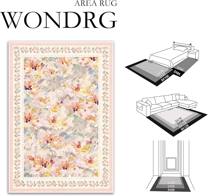 8x10 Washable Area Rug Beige Pink Living Room Bedroom Floral Throw Rug Abstract Modern Non Slip Soft Low Pile Large Carpet for Dining Room Office Nursery