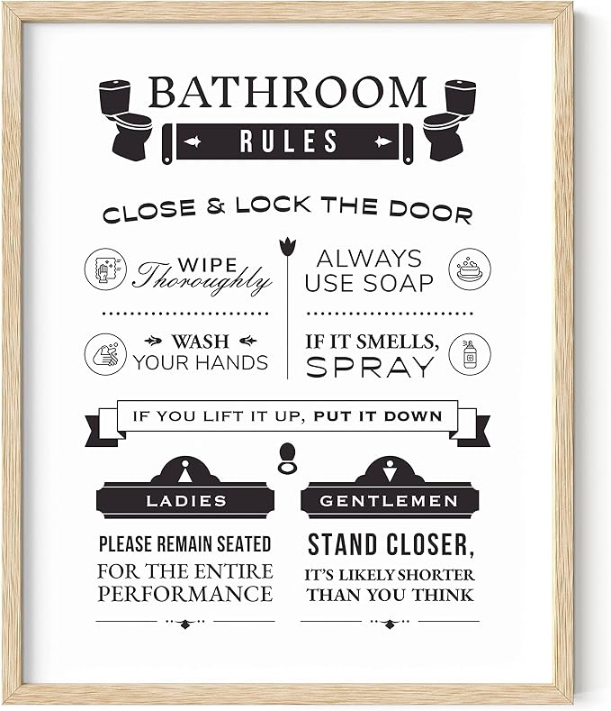 HAUS AND HUES Funny Bathroom Decor & Wall Art, Humorous Bathroom Rules Poster, Toilet Humor Sign (Framed Beige, 16x20)