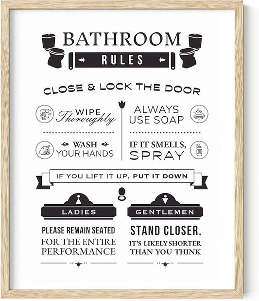 HAUS AND HUES Funny Bathroom Decor & Wall Art, Humorous Bathroom Rules Poster, Toilet Humor Sign (Framed Beige, 16x20)