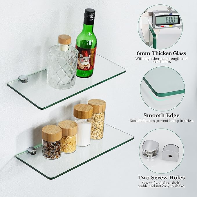 SAYAYO Glass Floating Shelves for Wall, Tempered Glass Shelves for Bathroom, Living Room, Bedroom, Office, Toilet, Kitchen Decor, 12Inch Set of 3, Clear