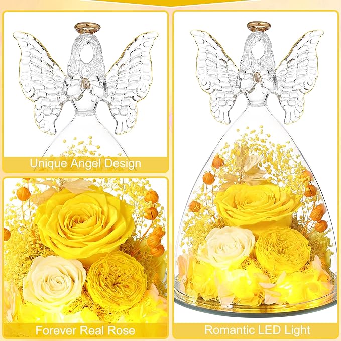 Mothers Day Rose Gifts for Women Preserved Real Flower in Glass Angel Figurines Roses for Delivery Prime Birthday Gifts for Mom Grandma Girlfriend Wife Her,Yellow Austin Roses