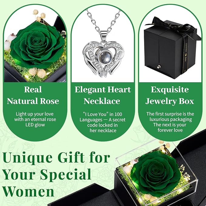 FIACO Gifts for Mom Preserved Real Roses with I Love You Necklace Fresh Forever Flowers Mothers Day Flower Gifts for Women Grandma Anniversary Birthday Gift for Girlfriend Wife Daughter