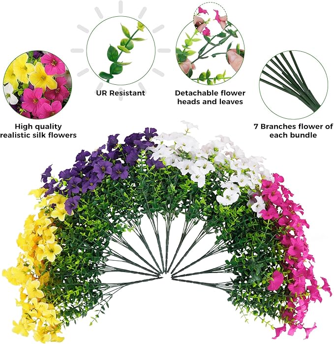 20 Bundles Artificial Petunias Flowers for Outdoors, Faux Silk Flowers UV Resistant Realistic Fake Plants for Outside Planters Porch Patio Yard Garden Spring Summer Home Decor, Multicolor