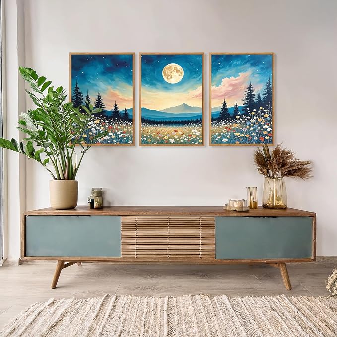 HOURIA 3Pcs Nature Mountain Forest Landscape Canvas Wall Art (16"x24"), Abstract Mystical Moonlight Wildflowers Wall Decor,Framed Colorful Wilderness Field Botanical Art Print for Bedroom Office Living Room Farmhouse