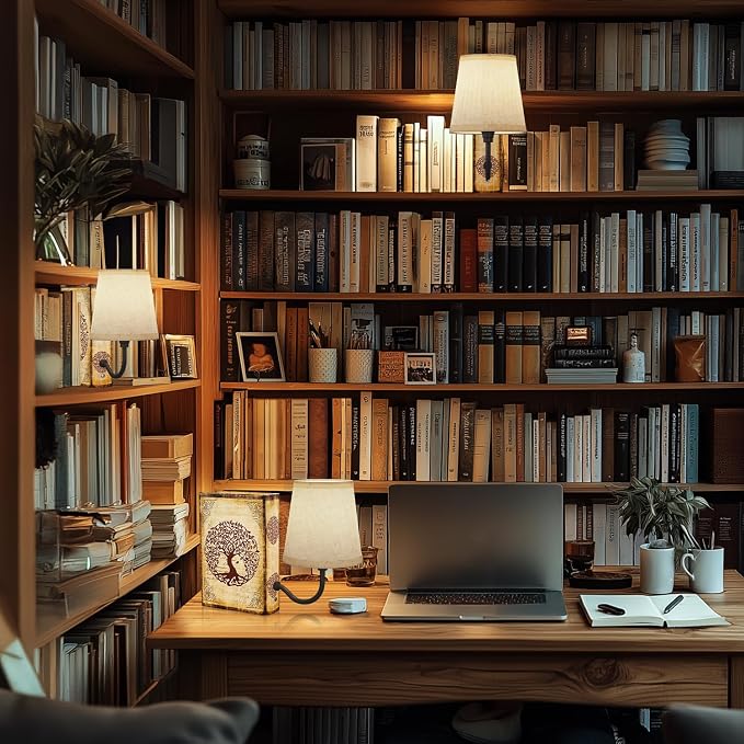 Vintage Bookshelf Lamp Rechargeable, Cordless Book Lamp with Linen Shade, Dimmable Touch Control Table Lamp, Modern Decorative Bookend, Bookshelf Lights for Office Home, Library, Study