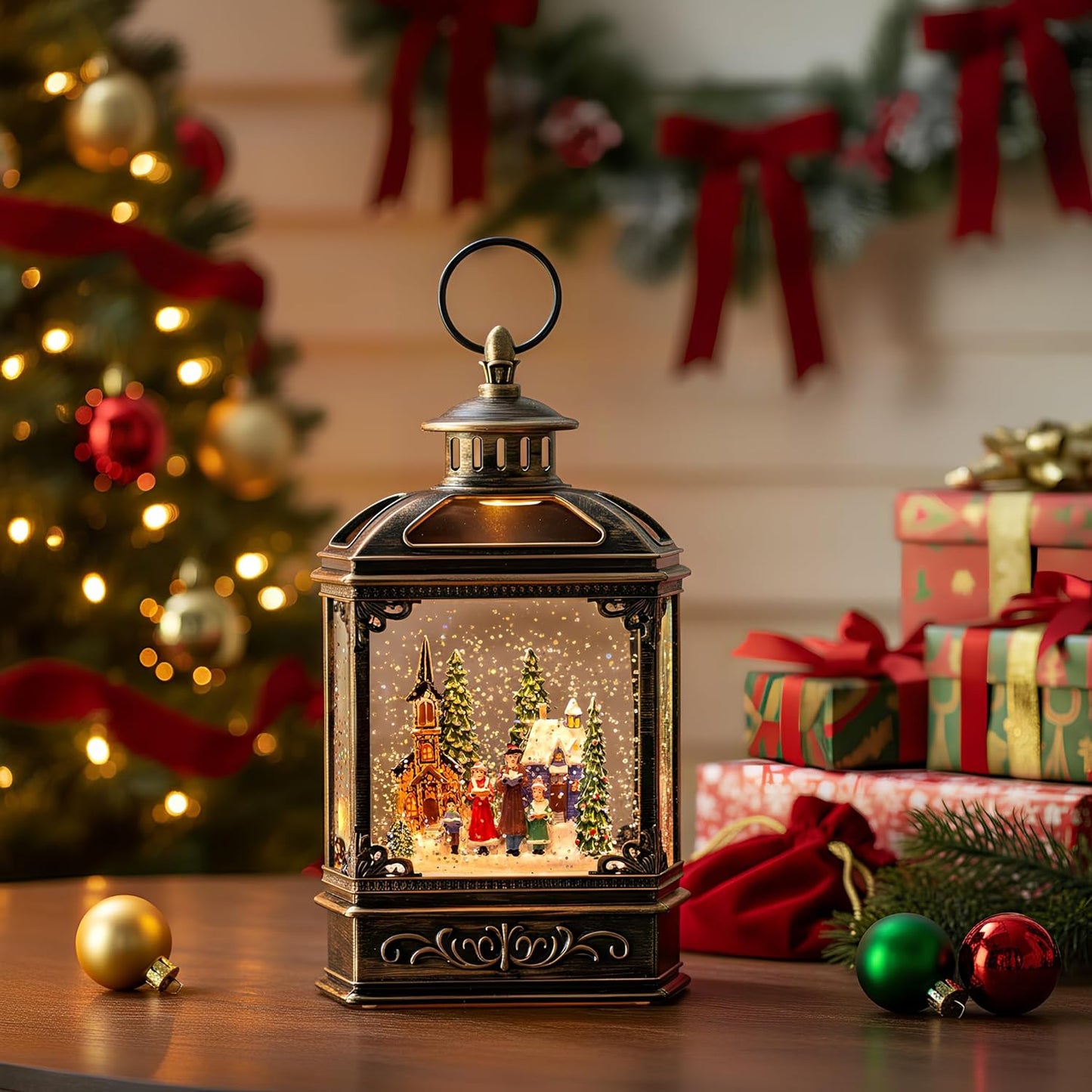 Christmas Snow Globe Lantern Water Glittering Town Home with Carolers, Music & Timer, USB Lined/Battery Operated Lighted Lantern for Christmas Festival Decoration Gifts