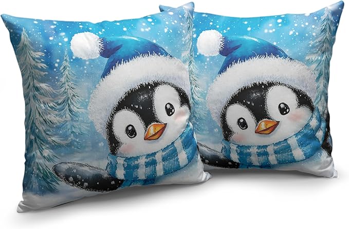 Penguin Pillow Case 24x24 Set of 2 Winter Decorative Pillow Covers Blue Winter Cotton Linen Throw Pillow Covers for Holiday Decorations Couch Outdoor Living Room