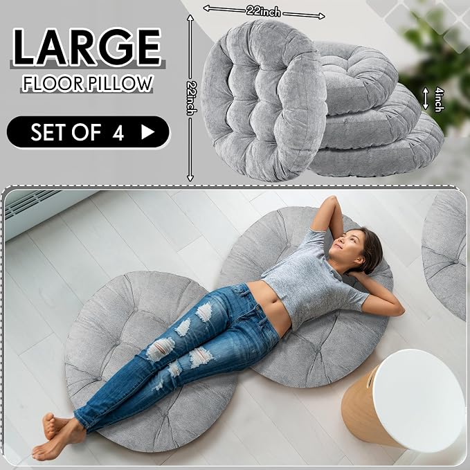 Jerify 4 Pcs Floor Pillow Cushions Large Round Square Large Meditation Floor Pillow for Classroom Adult Meditation Picnic Party Seating Learning Daycare School (Round,Light Grey)