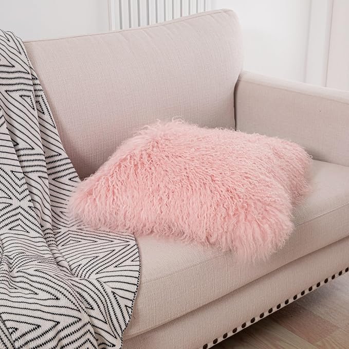 Real Tibetan Mongolian Lamb Fur Pillow Cover Sheepskin Wool Fur Decorative Throw Pillow Case Cushion Cover,Pink, 16''x16''