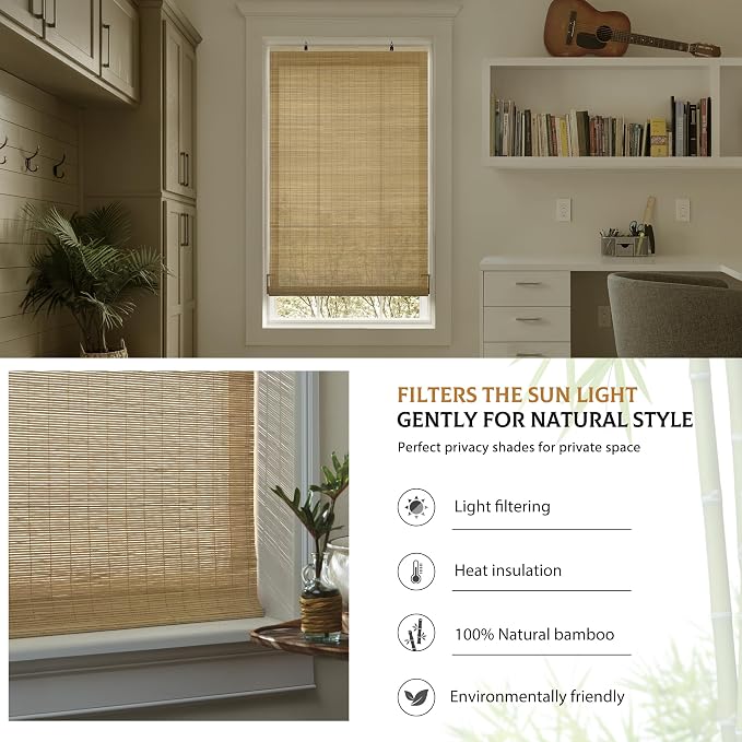 LazBlinds Cordless Bamboo Blinds, 35"x72", Carbonized | Bamboo Roll Up Shades for Windows, Light Filtering Hanging Window Blinds, Bamboo Shades for Patio Indoor/Outdoor Porch