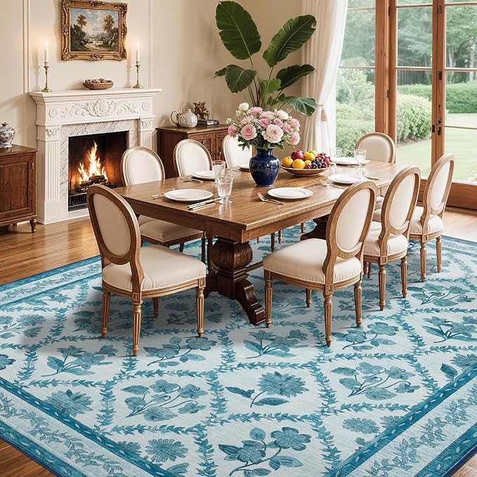 LIANLAM Checkered Rug 10x14 Area Rugs for Living Room - Stain Resistant & Non-Slip Backing Vintage Boho Floral Design Rug for Bedroom,Durable & Ultra-Thin Large Washable Area Rug(10x14,Blue)