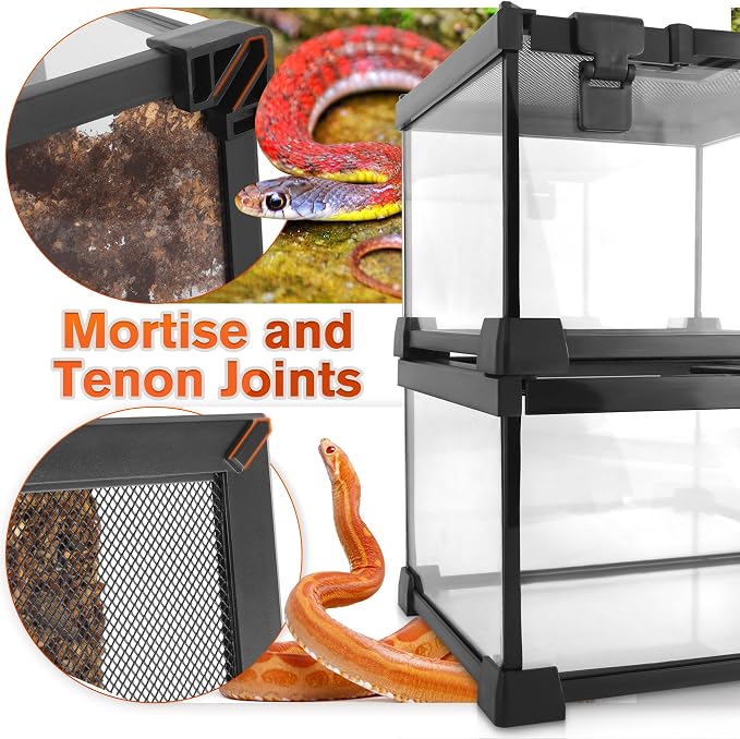 12"x8"x6" Reptile Terrarium, Escape-Proof Glass Top-Opening Vivarium for Small Terrestrial Snakes Such as Garter Snakes, with Escape-Proof Lock & Feeding Hatch