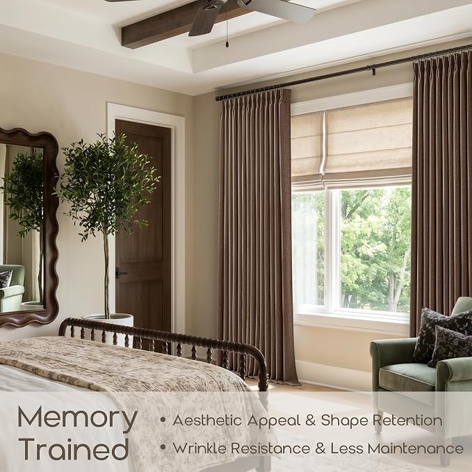 Pinch Pleated Linen Semi Sheer Curtains 86 Inches Long Dark Chocolate Brown Memory Training Light Filtering Pleat Curtains for Living Room Bedroom Rustic Vintage Office Dining Room Window Drapes 40x86