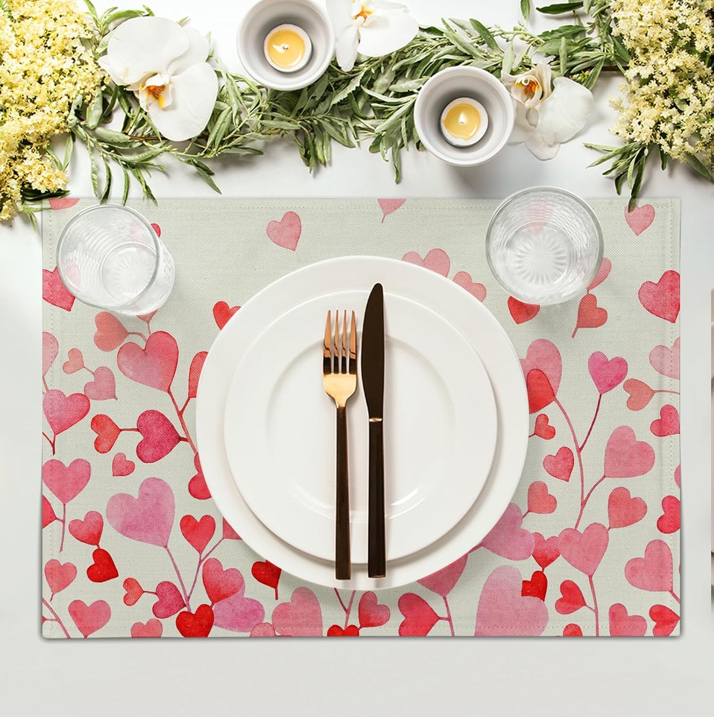 Pink Love Heart Valentine's Day Placemats Set of 4 Valentine Seasonal Holiday Linen Table Mats 12x18 Inch Anniversary Wedding Sweet Romantic Place Mats for Party Kitchen Dining Outdoor Indoor Decor