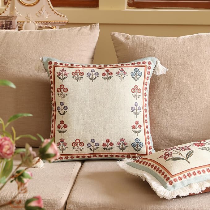 bilin gaier Designer Square Linen Throw Pillow Cover,18"x18"-Lohi B | Vintage Elegant Pillow Cover,Concealed Zipper Design,Colorful Floral Pattern,Sofas,Bedroom,Living Room,Lounge Chairs