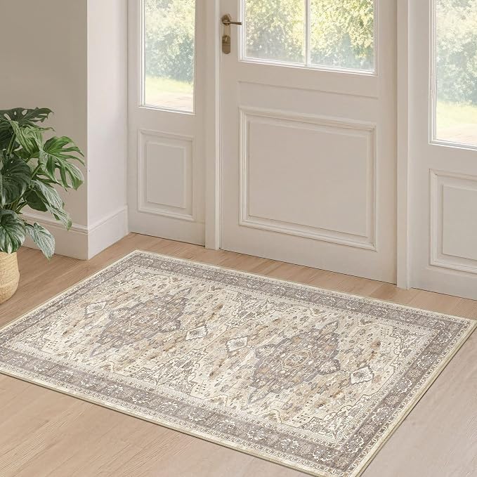 2x4 Rug Washable Runner Rug: Small Vintage Neutral Non-Slip Soft Accent Doormat Stain Resistant Floor Throw Mat for Entryway Kitchen Bedroom Nursery Entry Dorm- Brown