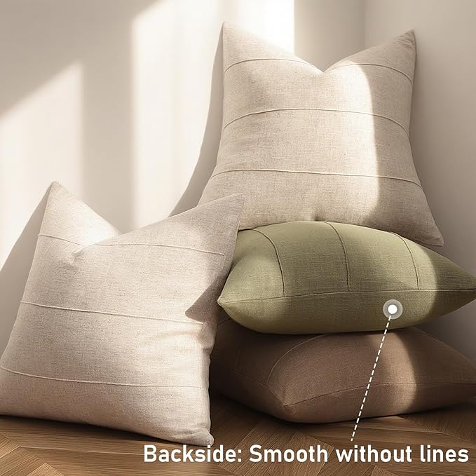 Decorative Linen Throw Pillow Covers 22x22 Set of 2 Solid handcrafted Striped Throw Pillows for Bed Soft Modern Farmhouse Neutral Pillowcase for Couch Bedroom Living Room Home Decor(Natural Beige)