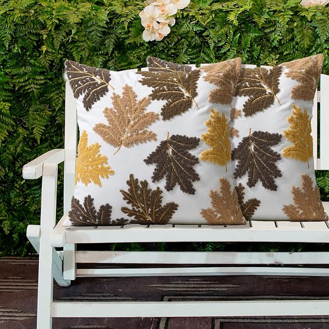 Set of 2 Embroidered Decorative Throw Pillow Covers Couch Square Pillowcases Cushion for Bedroom Sofa Farmhouse Decor 18x18 Inch (Yellow Maple Leaf)