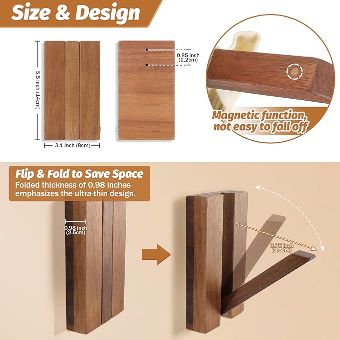 Wood Wall Hooks for Bathroom | 2Pack Foldable Coat Hooks for Rustic Hanging Towels Bags Coats, Space Saving Minimalist Design for Aesthetic Homeowner