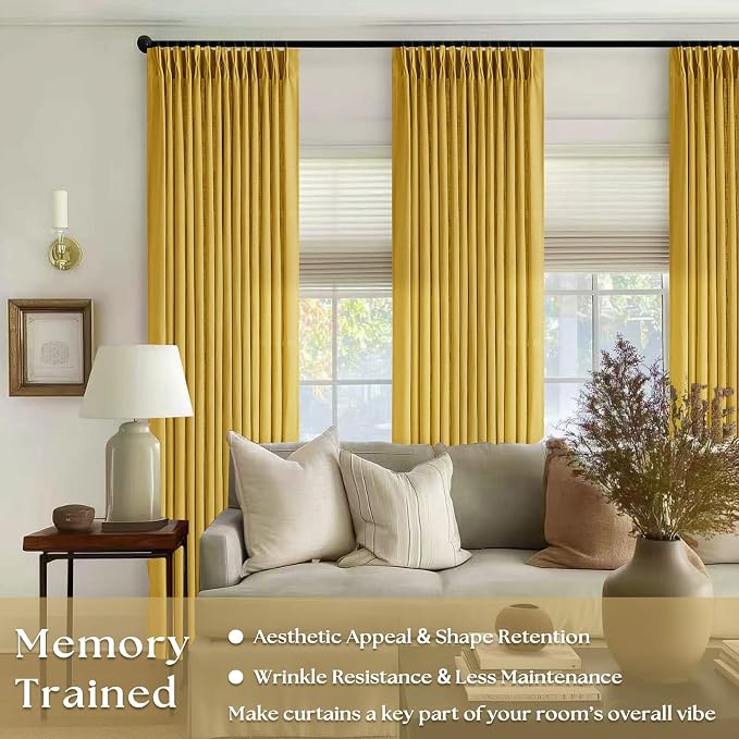 Pinch Pleated Mustard Yellow Linen Curtains 84 Inches Long 2 Panels Set for Living Room Dining Pinch Pleat Back Tab Light Filtering Farmhouse Boho Retro Window Curtain Drapes Gold Yellow Spring Decor