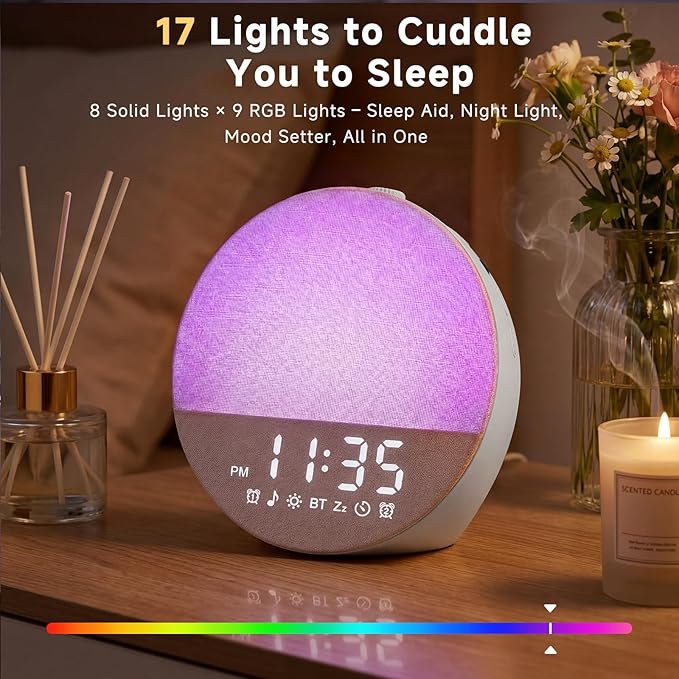 Geuuap Sunrise Alarm Clock White Noise Machine | Natural Wake-Up Light for Bedroom with 30 Soothing Sleep Aids, Bluetooth Speaker, Dimmable Clock, Screen-Free Design for Baby Adults Kids-Grey