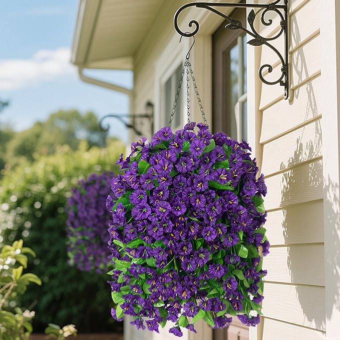 Ammyoo Artificial Faux Hanging Flowers Basket for Spring Summer Outdoor Porch Decor, Fake Silk Colorful Morning Glory Eucalyptus in Planter UV Resistant Look Real for Home Balcony Yard(Dark Purple)