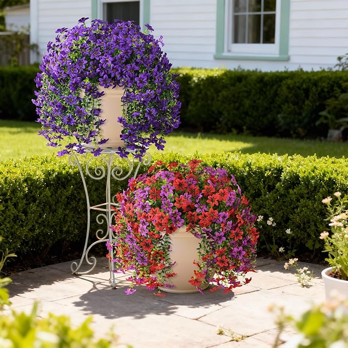 Artificial Hanging Baskets Outdoor, 4 Bundles Artificial Hanging Flowers Outdoors Spring Summer Decoration, No Fade Realistic Fake Hanging Baskets for Porch Patio Balcony Home Yard Decor